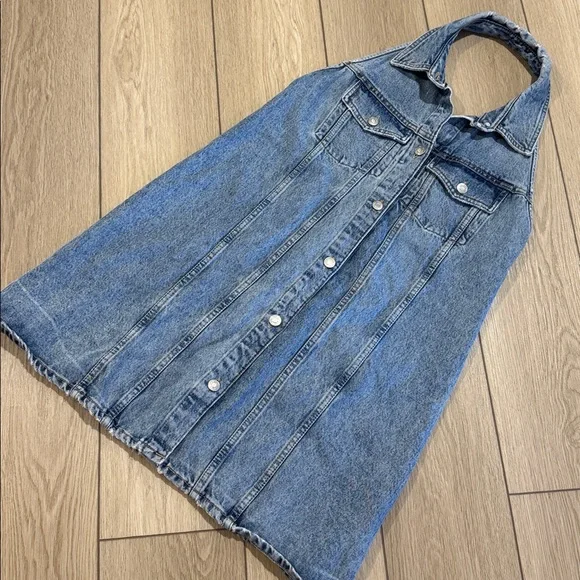 Zara Denim Button Front Halter Dress Size XL - Picture 4 of 10